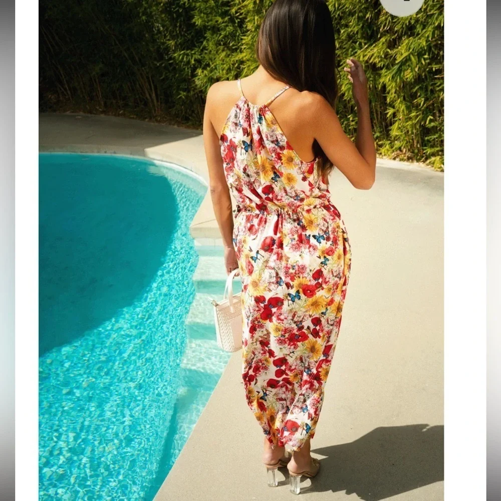 Draya x Valerie Perez Floral Maxi Dress Size M Halter Drawstring EUC